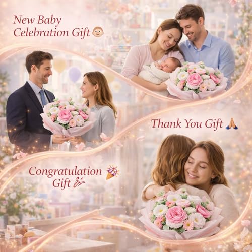 Handmade Crochet Flower Bouquet, Pink Rose & Carnation Knitted Flowers, Gift For Girlfriend, Birthday, Anniversary, Mother’s Day, Wedding Or Graduation (Includes Card) (Pink) - color: Pink