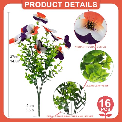 lovemoon 16 Pcs Artificial Pansy Flowers for Outdoor Faux Silk Spring Flowers for Outside, Realistic Pansies for Window Box, Planter, Front Door, Porch and Garden Home Decor (16, Orange,White,Purple) - color: Orange,white,purple