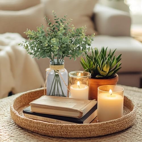 Artificial Eucalyptus Stem in Vase,Realistic Small Fake Eucalyptus Plant for Coffee Table Farmhouse Shelf Bathroom Home Office Decor (Green+Gray) - color: Green+gray