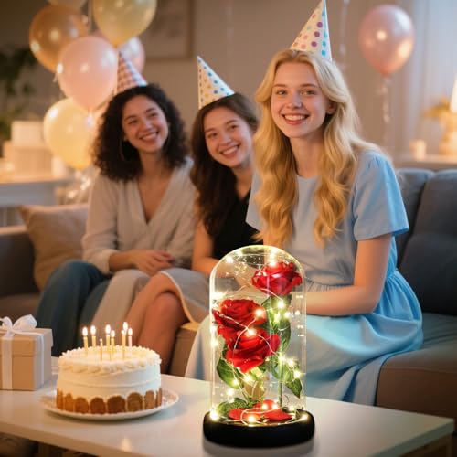 Women Gift Idea Birthday,Unique Gifts for Mom,Beauty and The Beast Rose in Glass Dome With 2 Lights Mode, Birthday Gifts for girlfriend,Wife，Anniversary Red Silk Rose Flower Gifts for Women - color: Classic Rose Red