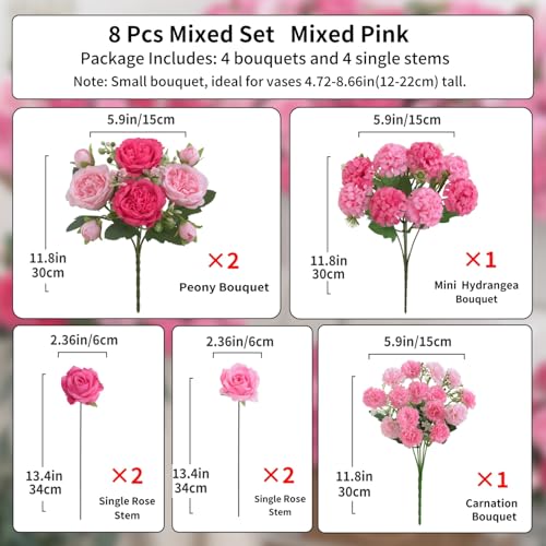 8 Pcs Mixed Artificial Peony Flowers Set-4 Bouquets & 4 Stems, Pink Fake Peony Rose Hydrangea Flowers for Vase Silk Floral Arrangements for Table Centerpiece Wedding Party Bridal Decoration Home Decor - color: Mixed Pink, size: Mixed 8pcs