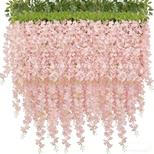 HUAHUA Artificial Wisteria Flowers, White Dense Artificial Fake Wisteria Vine Ratta Hanging Garland Silk Flowers String for Home Party Wedding Decor (24Pcs Light Pink) - color: 24pcs Light Pink