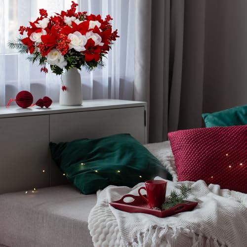 2 Pcs 20 Inch Artificial Red Poinsettia White Rose bouquet with Berry Pine Branch 12 Stems Velvet Faux Poinsettia Floral for Vases Wreaths Garland Indoor Outdoor Christmas Tree Home Decorations - color: Red