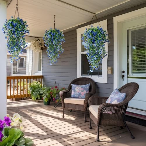6 Pcs Spring Artificial Hanging Flowers Outdoor Faux Silk Mum Plant Decor Violet with Eucalyptus Realistic UV Resistant Trailing Vine Spring Porch Yard(Light Blue,Violet) - color: Light Blue, style: Violet