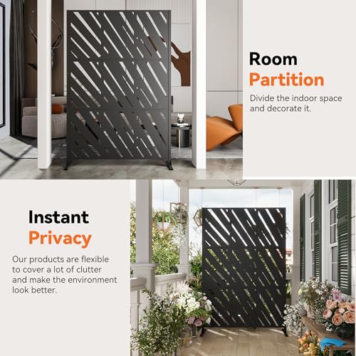 Modern Shade 4x6 FT Metal Privacy Screen with Artistic Modular Designs Decorative Patio Privacy Fence & Garden Divider, Freestanding Outdoor Metal Fence Panel, Weather-Resistant (Slant Linea) - size: 1 Panel (Slant Linea)
