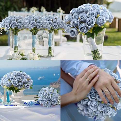 Hoteam 72 Heads Dusty Blue Artificial Rose Flowers 6 Bouquet Wedding Decoration Faux Flower Arrangement Bouquet with Stem Bridal Shower Gift Floral Centerpiece for Tables - color: Blue