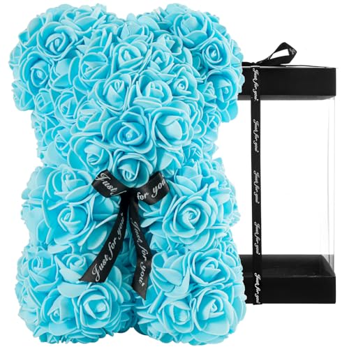 DuHouse Rose Bear Rose Teddy Bear Flower Gift Black Box for Valentines Gifts Anniversary Christmas,Birthdays Bridal Showers -Fully Handmade 10 inch Flower Bear Clear Gift Box (Baby Blue) - color: Baby Blue