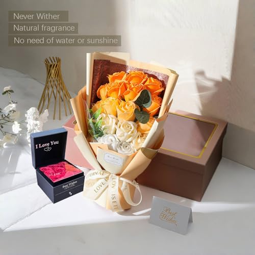 EIGHTOWN Roses Bouquet Artificial Flower - Preserved Orange Rose Flowers with Love Necklace for Her - Unique Gifts Valentine's Day, Mother's Day, Thanksgiving, Birthday, Anniversary - color: Orange