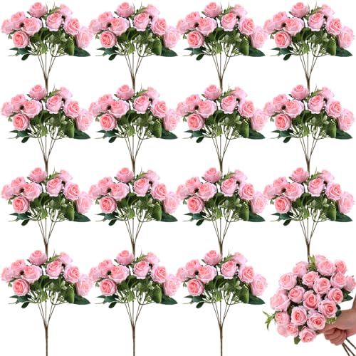 Zeyune 16 Bunches 12 Inch Light Pink Artificial Mini Rose Bouquet, Total 160 Heads Fake Silk Rose Flowers Bulk, Bridal Bouquet for Wedding, Bridal Shower, Home & Office Table Decor - color: Light Pink