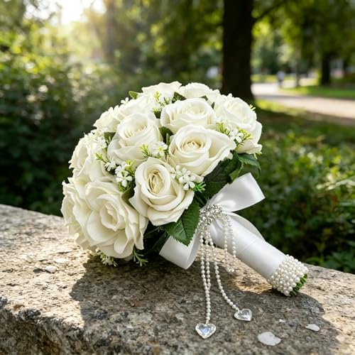 Rose Artificial Flowers Velvet Bouquet with Long Stem Real Touch Fake Roses Florals for Bridal Wedding Bouquet Party Arrangement Centerpiece Decorations (36, White) - color: White