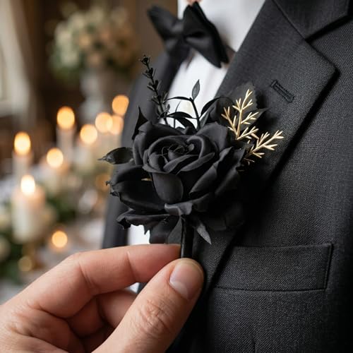 Wedding Flower Set with Rose Corsage and Boutonniere for Men (Black Boutonniere) - color: Black Boutonniere