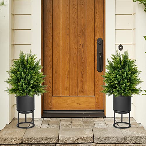 Goplus 21.5” Artificial Cedar Topiary Ball Tree, Set of 2 Faux Potted Plants Artificial Shrubs Bushes with Cement Pot, Fake Evergreen Artificial Topiary for Indoor Outdoor Home Front Porch Decor - color: Cedar Tree