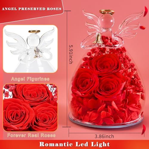 Beferr Gifts for Mom Birthday Gifts for Women, Fresh Flowers for Delivery Forever Preserved Rose in Glass Angel Figurine, Anniversary Christian Real Rose for Grandma Wife Mother from Daughter Son - color: G Red