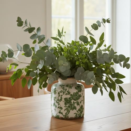 Vintage Green Crackle Glaze Ceramic Flower Vase, 6” Small Rustic Pottery Decorative Botanical Vase with Distressed Beige Rim French Country Farmhouse Cottage Tabletop & Mantel Home Decor - size: Small Vintage Round Floral Vase