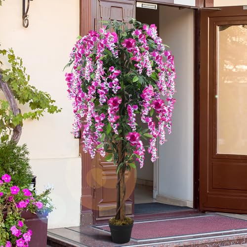 Thiccywoov 1 Pack 5ft Artificial Wisteria Tree Tall Fake Tree with Cement Base Pot Faux Floor Plant Decoration for Indoor Outdoor Home Office Housewarming Gift(Rosy Pink) - color: Rosy Pink