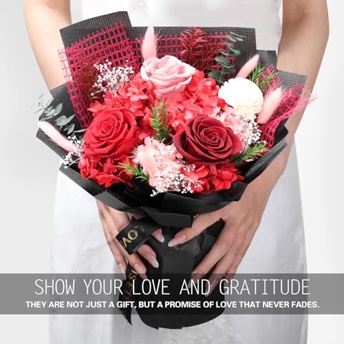 Casaido Preserved Flowers for Delivery, Mothers Day Red Flower Bouquets with Necklace, Forever Real Roses Anniversary Birthday Valentines Day Christmas Rose Gifts for Women Mom Wife Girlfriend - color: Red