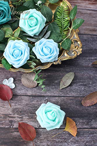Floroom Artificial Flowers 25pcs Real Looking Aqua Blue Foam Fake Roses with Stems for DIY Wedding Bouquets Baby Shower Centerpieces Floral Arrangements Party Tables Home Decorations - color: Aqua Blue, size: 25Pcs