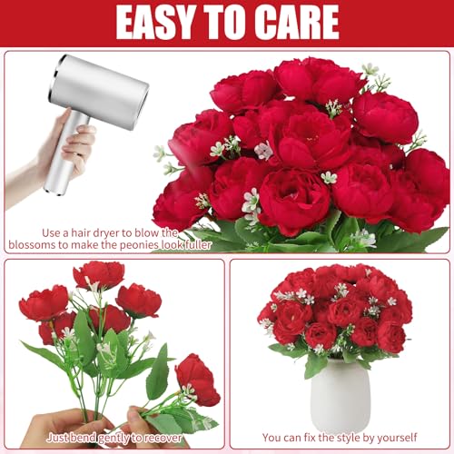 8 Pack Red Peonies Artificial Flowers, Fake Silk Hydrangea Bouquet for Bridal Wedding Home Table Decor Reusable Dining Opening Ceremony Birthday Arrangement Faux Floral - color: Red