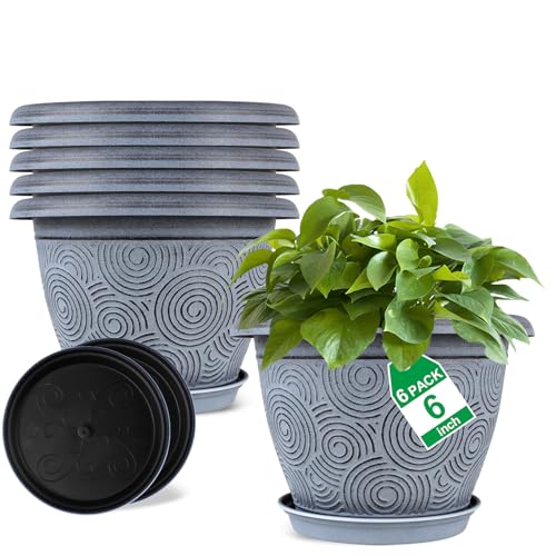 Fodetyff 6 Inch Flower Pots Planters for Indoor Outdoor Plants, 6 Pack Plastic Small Plant Pots with Drainage Hole & Tray, Modern Decorative Garden Pot with Saucer, Plant Container for House - color: Blue, size: 6 inch-6 pack