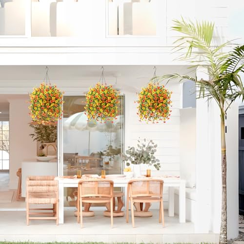 INQCMY Artificial Fake Hanging Flowers Plants Baskets for Outdoor Fall Decoration,Faux Silk Flower in Planter UV Resistant Look Real for Home Outside Porch Garden Yard Patio Decor - color: Orange Yellow