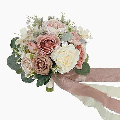 10 Inch Dusty Rose Bridal Bouquet,Wedding Bouquet, Bride Bouquets for Wedding Ceremony Anniversary, Party and French Rustic Vintage Wedding,Artificial Flowers - color: Dusty Rose