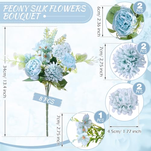 Zeyune 8 Pcs 13.4 Inch Artificial Flowers Bouquet Fake Silk Flowers Faux Bouquet Hydrangea Bouquets for Wedding Birthday Table Centerpieces Home Office Decoration (Peony,Blue) - color: Blue, size: Peony
