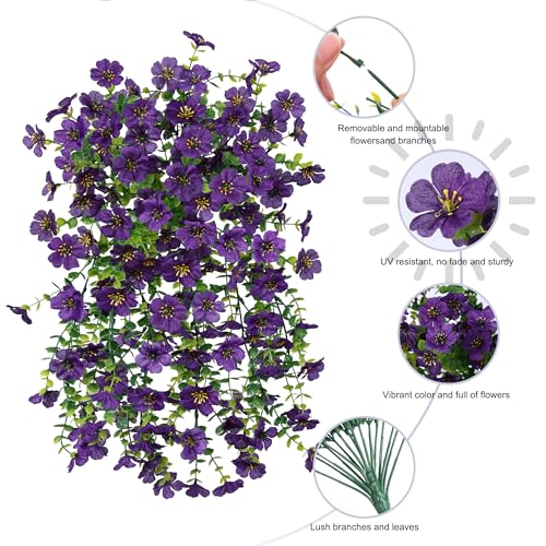 HyeFlora Artificial Flowers for Outdoors Garland Decoration, 2Pcs Dark Purple Fake Hanging Flowers, UV & Fading Resistant, Faux Decor for Home Porch Patio Balcony Planter Yard - color: Dark Purple