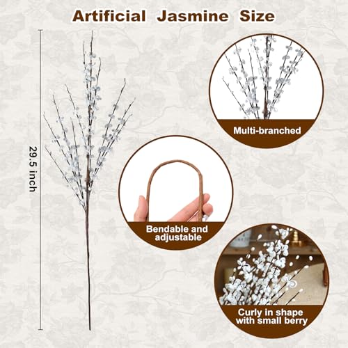 5Pcs Long Stem Jasmine Flowers Artificial, 29.5"/75cm Tall Fake White Flower Bouquet, Artificial Pussy Willow Branches for Home Office Wedding Party DIY Floral Art Winter Decor - color: White, size: 5 PCS