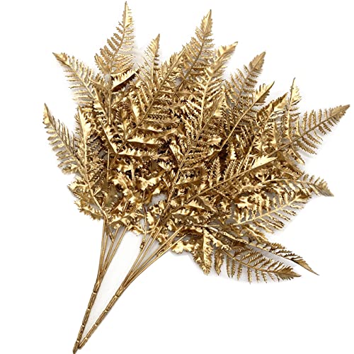 CATTREE Christmas Artificial Plants Decoration, Plastic Golden Shrubs Plant Simulation Boston Leaves Fake Fern Grass for Wedding Party Indoor DIY Home Office Table Centerpieces Decor - Gold 2 Pack - color: Gold Boston Grass -2 Pcs