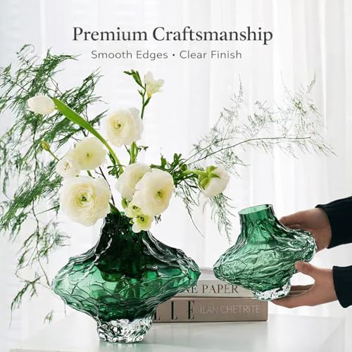 6.5in Green Glass Vase with Surface Wavy Grooves, 1.7lbs Thickened Heavy Bottom Small Flower Vase, Individual Modern Decorative Vase for Centerpiece, Wedding, Living Room (Green) - color: Green