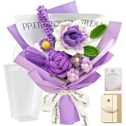 Crochet Flower Bouquet, Purple Handmade Knitted Flowers | Crochet Rose Lavender Flowers, With Card Gift, For Lover Girlfriend Friends - color: Lavender Rose