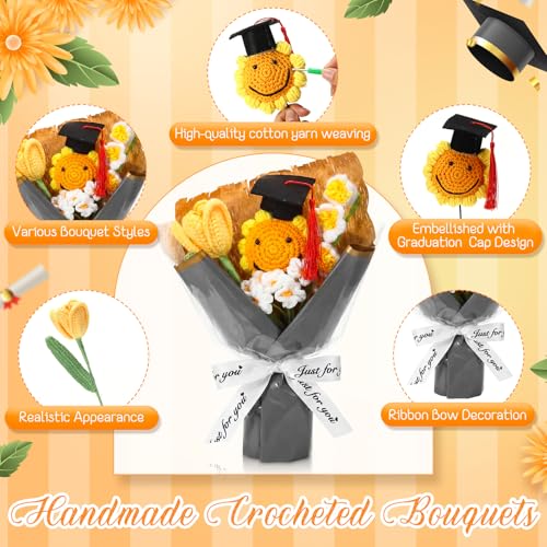 2026 Graduation Crochet Flowers Bouquet Gifts Class of 2026 Graduation Gift for Her Sunflower Mortarboard with Greeting Cards Bag Handmade Knitted Artificial Flowers for Grad(Grey) - color: Grey