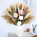 100Pcs Pampas Grass with Fake Roses Bouquet Fluffy Dried Plants with Eucalyptus Leaves Bunny Tails and Artificial Flowers for Vase Home Livingroom Boho Natural Decor Tables Centerpieces