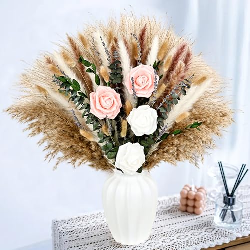 100Pcs Pampas Grass with Fake Roses Bouquet Fluffy Dried Plants with Eucalyptus Leaves Bunny Tails and Artificial Flowers for Vase Home Livingroom Boho Natural Decor Tables Centerpieces