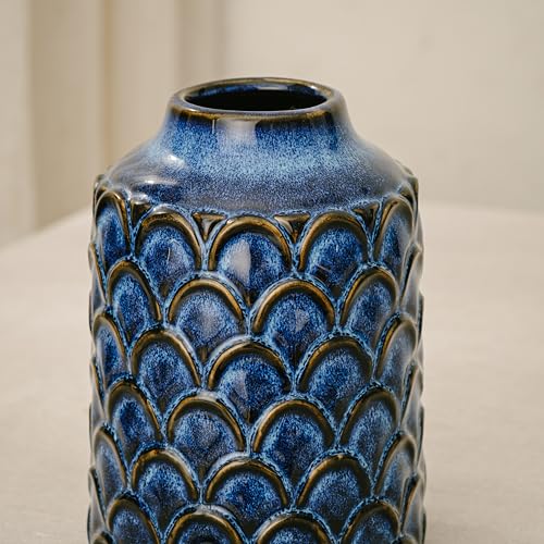 Ceramic Flower Vase, 7.28” Vintage Blue Pottery Vase for Home Decor, Rustic Textured Vase for Pampas Grass, Living Room, Entryway, Mantel, Kitchen Table, Centerpiece - color: 203-blue