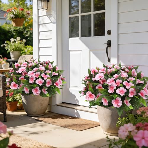 Ouddy Decor 6 Bundles Artificial Impatiens Flowers for Outdoors Decoration, Silk Flowers Bouquet Fake Plants UV Resistant for Spring Summer Garden Porch Window Box Balcony Home Decor, Light Pink - color: Light Pink