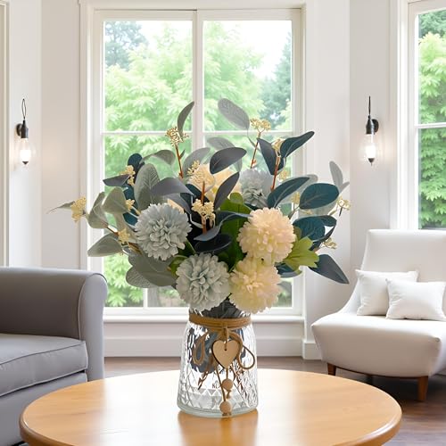 Artificial Flowers with Vase, Faux Flower Arrangement with Eucalyptus Leaves, Silk Hydrangea Table Centerpiece for Home Office Kitchen, Dining Room & Coffee Table Decor - color: White+blue