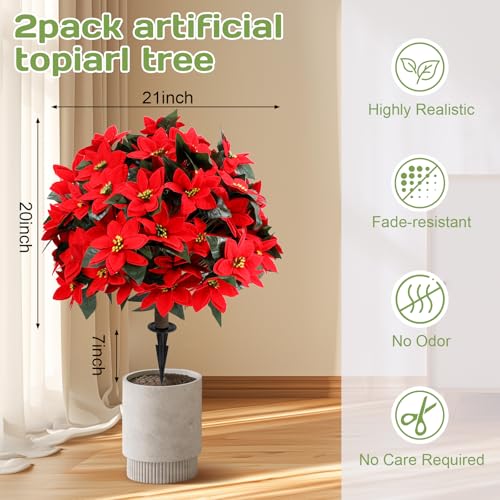 Artificial Poinsettia Topiary Ball Tree 27" with Ground Spike, Set of 2 Artificial Boxwood Bushes for Faux Shrubs, Fake Evergreen Faux Plant for Indoor Outdoor Porch Garden- UV Resistant – Fade-Proof - color: Poinsettia