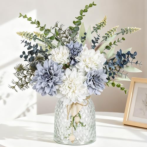 Der Rose Fake Flowers in Vase Silk Artificial Navy Blue Flowers Arrangements with Glass Vase for Dinning Coffee Table Centerpieces Home Kitchen Farmhouse Wedding Decor - color: Blue