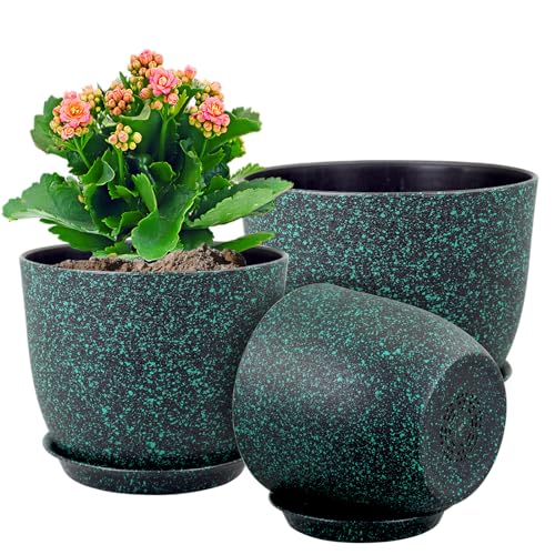 WSMKSZ Plant Pots 10/9/8 inch, Set of 3 Modern Decorative Plastic Planters with Drainage Holes and Saucers for Garden House Plants, Flower Pots for Indoor Outdoor Plants, Black with Green Speckles - color: Black With Green Speckles, size: 10"+9"+8"