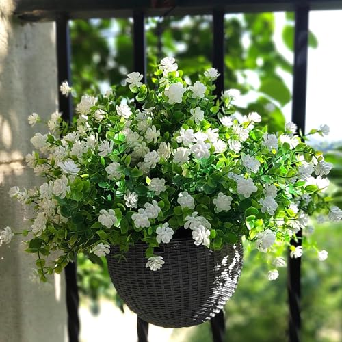 Grunyia 12 Bundles Artificial Flowers for Outdoors, UV Resistant Fake Flowers with Plastic Plants, Faux Flowers for Outside Window Box Front Porch Hanging Planter Decor (White) - color: White