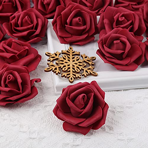 IPOPU Artificial Rose Flower Heads, 100 Pcs Real Looking Burgundy Foam Fake Roses for DIY Wedding Baby Shower Centerpieces Arrangements Party Tables Home Decorations (Wine red, Stemless) - color: 100pcs Burgundy