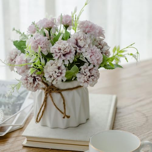 TKAS Fake Flowers Arrangement in Ceramic Vase, Artificial Faux Silk Hydrangea, Small Realistic Dried-Style Floral, Dining Table Centerpiece for Wedding Party Home Decoration (Purple) - color: Purple
