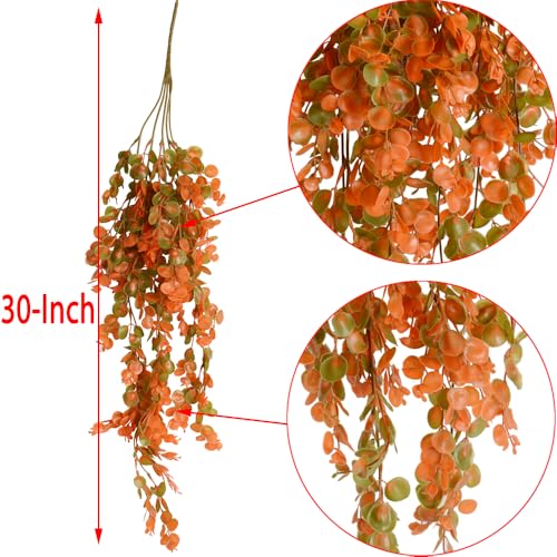 6pcs Artificial Hanging Fall Plants Fake Hanging Plant Faux Eucalyptus Leaf Greenery Vine Outdoor UV Resistant Plastic Plants (6, Fall Orange) - color: Fall Orange