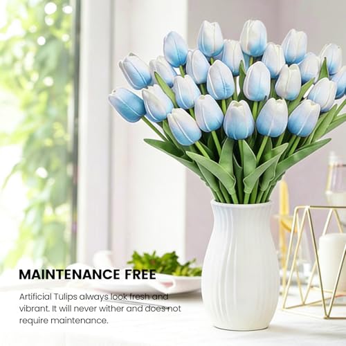 30 PCS Artificial Tulips Real Touch Tulips 13.5inch Long Stem Fake Flowers Silk Flowers for Spring Easter Mother's Day Decorations（White+Light Blue） - color: White+light Blue