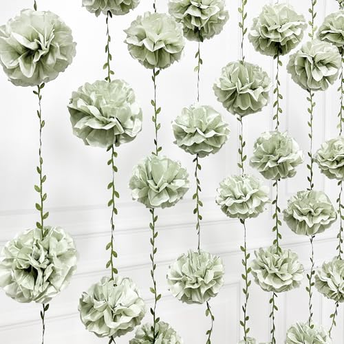 Sage Green Tissue Paper Flowers Pom Pom with Leaf Ribbon Dusty Green Hanging Garland Streamer for Birthday Baby Shower Wedding Engagement Woodland Safari Jungle Neutral Party Decorations Supplies - color: Dusty Green