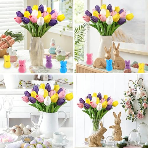 JOICEE Easter Decorations, 15pcs Artificial Tulips with 48pcs Sponge Bunnies Vase Filler Set Fake Tulips Flowers for Easter Decor Spring Home Kitchen Table Centerpieces Decoration