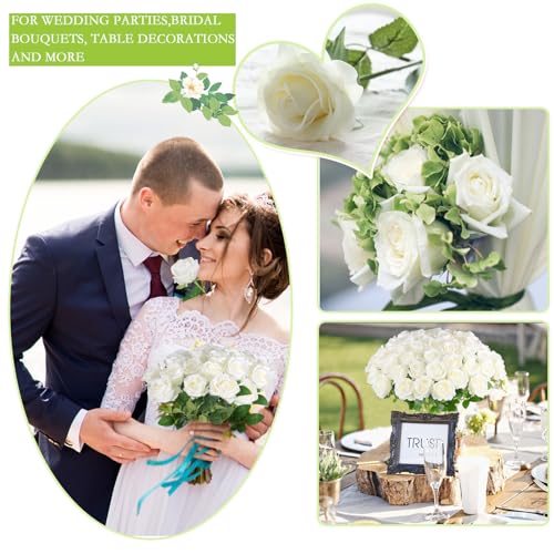 Hananona 50 Pcs Artificial Roses in Bulk, Fake Velvet Silk Roses Realistic Rose for Wedding Centerpieces Flower Arrangement Home Decor (50, White) - color: White