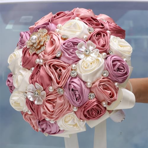 MaxxCloud 9.4‘’ Handmade Romantic Toss Bouquet for Bride Stunning Bridesmaid Brooch Wedding Bouquet with Jewelry Petals 3 Pink and Ivory - color: 3 Pink+ivory, size: 9.4''/24cm
