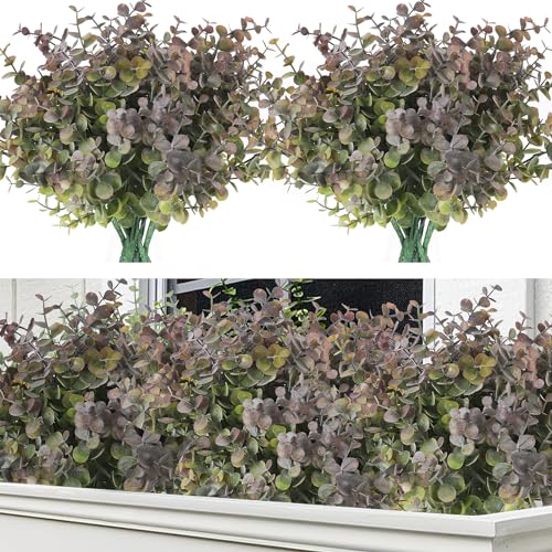 RECUTMS 8 Bundles Artificial Greenery Plants Stems Outdoor Fake Eucalyptus Plants Boxwood Bushes for Summer Farmhouse Office Vase Centerpiece Indoor Graduation Wedding Party Decoration(Dusty Purple) - color: Dusty Purple, size: 8 Pcs